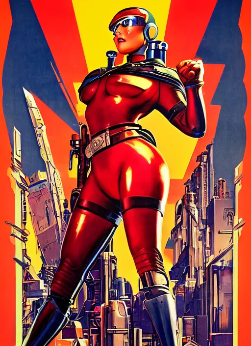 Image similar to american propaganda poster. cyberpunk pilot. portrait by jean giraud and anton otto fischer and john philip falter and will eisner and gil elvgren and pixar. full body. realistic proportions. science fiction d & d. overwatch, rb 6 s, cyberpunk 2 0 7 7, blade runner 2 0 4 9. cel shading. thick lines.