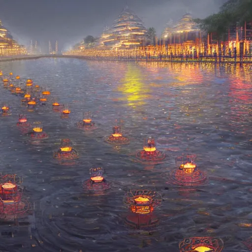 Image similar to concept art, river lanterns on the eve of ullambana festival, high resolution, by james gurney, king sejong, yi jeong, yi jing, artstation