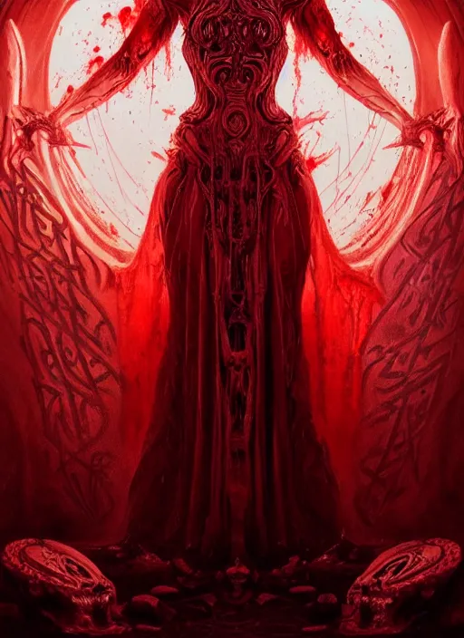 Prompt: portrait of a beautiful demon in a flowing dress made of blood, carving glowing bloody runes into a profane altar, intricate, glowing, runes, portal to hell, elegant, highly detailed, digital painting, artstation, concept art, smooth, sharp focus, illustration, art by wlop, mars ravelo and greg rutkowski