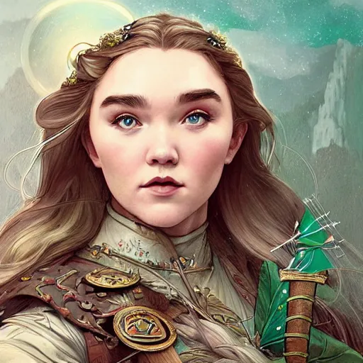 Image similar to Florence Pugh as a elf archer, cute, fantasy, intricate, elegant, highly detailed, centered, digital painting, artstation, concept art, smooth, sharp focus, illustration, art by artgerm and H R Giger and alphonse mucha