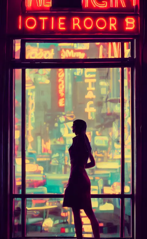 Image similar to vertical movie frame portrait of girl in 5 0's retro restaurant interior, neon - decorated urban on night in the city seen through the window, modern interior design, architectural design, vintage, night blade runner, dark, postapocalyptic, clean lines, 4 k, octane, lunarcore city at distance, big windows, octane, wide angle