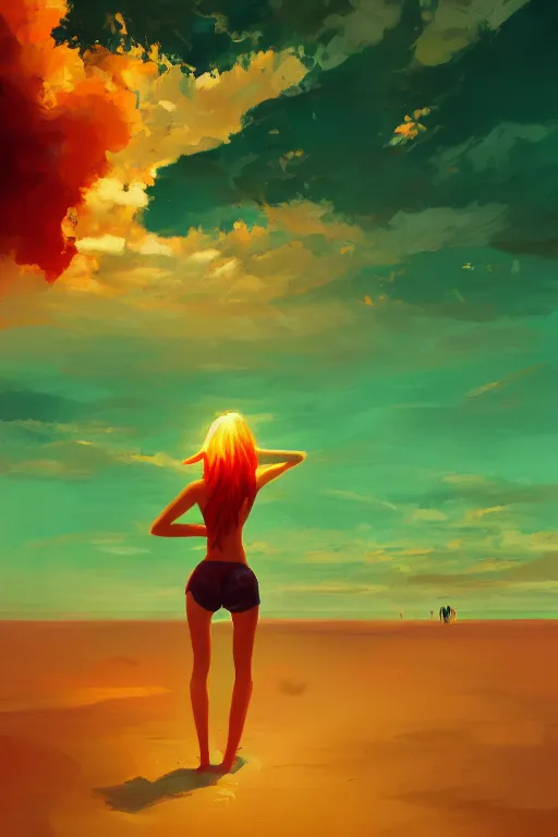 Prompt: red haired girl, green bikini, beach surreal photography, sunrise, dramatic light, impressionist painting, colorful clouds, digital painting, artstation, simon stalenhag