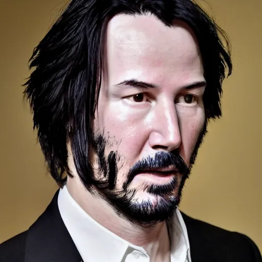 Image similar to a masterpiece portrait photo of an older keanu reeves who looks like a manic pixie dream girl mary elizabeth winstead symmetrical face