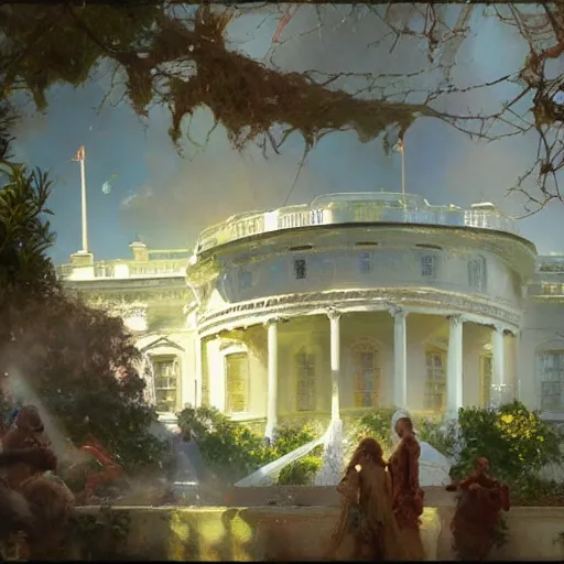 Image similar to detailed cinematic wide shot of the futuristic white house that is existing far in the future where humans evolved to be solarpunk, ultra realistic, spring light, painting by gaston bussiere, craig mullins, j. c. leyendecker