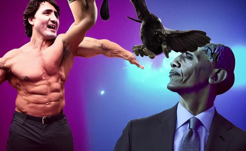 Prompt: Justin Trudeau getting smacked by a giant bodybuilder Obama, By Beeple