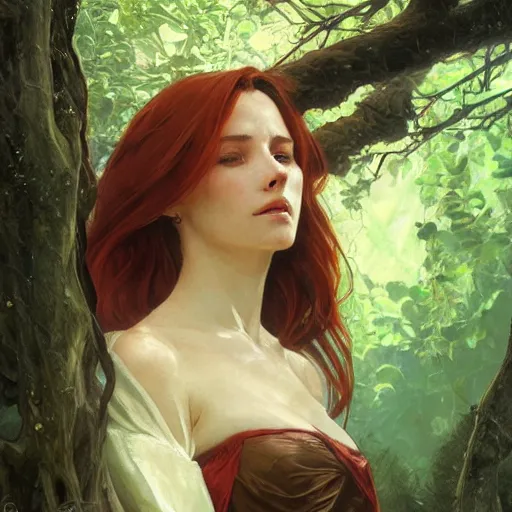 Image similar to portrait of a woman resting on large tree, dark red cloak, blonde hair, green lines, sharp focus, intricate, cinematic lighting, smooth, ultra realistic illustration, high fantasy, elegant, by artgerm, greg rutkowski, alphonse mucha magali villeneuve