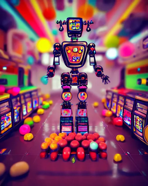 Image similar to cute elaborate epic robot, candy colors, pinball machine parts, symmetrical, in a city made of arcade machines and buildings made of candy, octane render, 3 d model, translucent, clear parts, detailed by pokedstudio