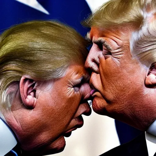 Image similar to putin kissing trump, hyper realistic, highly detailed, depth of field.