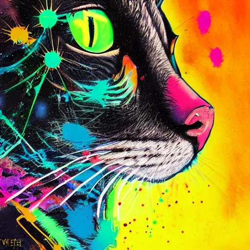 Prompt: portrait of cyberpunk cat, colorful, splatters, by ute osterwalder