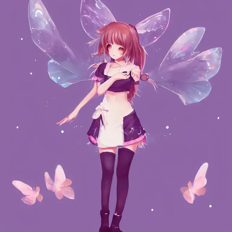 Prompt: cute, full body, female, anime style, a dog girl with fairy wings, large eyes, beautiful lighting, sharp focus, simple background, creative, heart effects, filters applied, illustration, trending on artstation