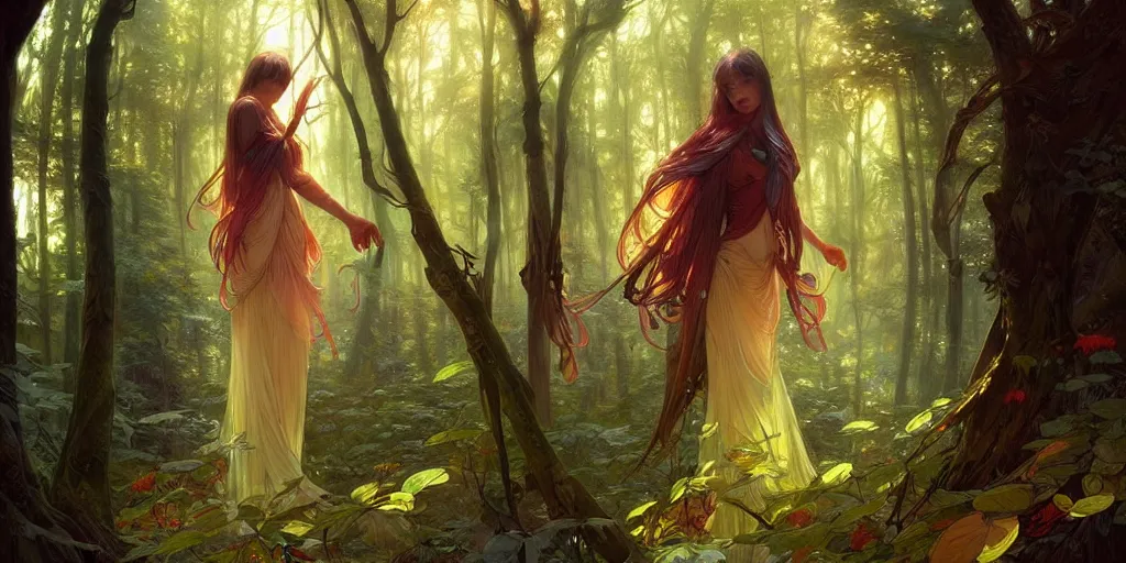 Prompt: a beautiful illustration of a mystic colourful forest, intricate, sharp focus, illustration, highly detailed, digital painting, concept art, matte, art by wlop and artgerm and greg rutkowski and alphonse mucha, masterpiece