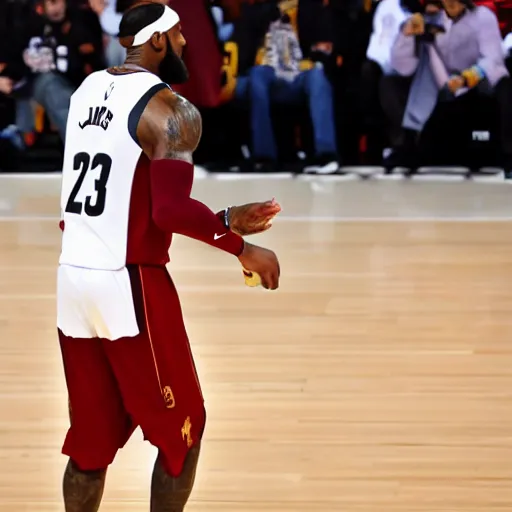 Image similar to professional close up shot photograph of lebron james dancing wildly in an nba game, wearing nba jersey, standing, clear image, as seen on getty images, smooth, uncompressed, low contrast