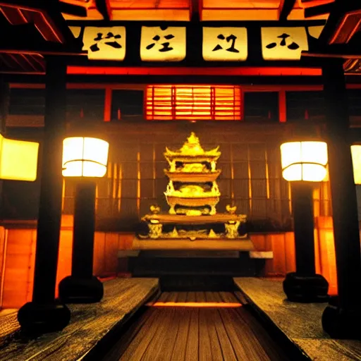 Prompt: dark image of Japanese temple, candles, 8k high detail,