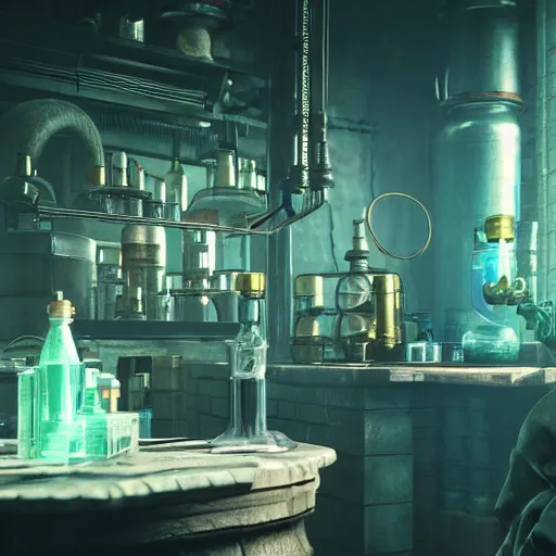 Image similar to cyberpunk alchemy laboratory full of potions, ciri from the witcher. stunning 3 d render, flesh texture, realistic, highly detailed attributes and atmosphere, dim volumetric cinematic lighting, 8 k octane detailed render, post - processing, masterpiece, rtx on, rendering on unreal engine