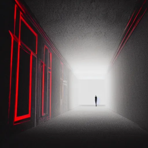 Image similar to photograph of an extremely dark narrow hallway with glowing humanoid cryptid made out of television static, dark deep black shadows, red and black color contrast in the style of trevor henderson, liminal space, 3 d octane render, glitch effect