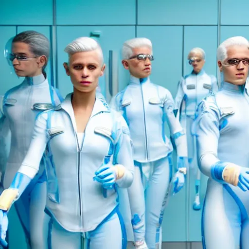 Image similar to troop of identical athletic humans with white hair wearing tight light blue latex suits, in formation, futuristic chemistry lab, sci - fi, highly detailed, hyperrealistic