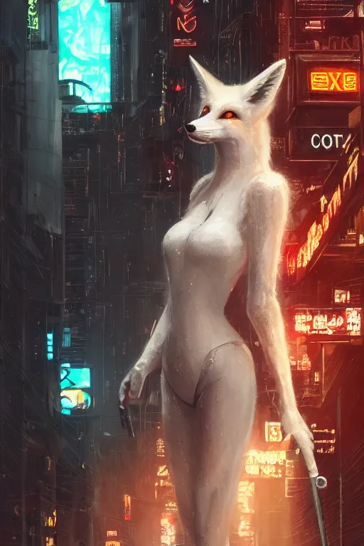 Image similar to beautiful portrait of a tall white female anthro fox smoking a cigarette towering head and shoulders above the bustling crowd of a rainy city street around her, cyberpunk clothes, cyberpunk, harsh neon lights, highly detailed, sharp focus, digital painting, illustration, trending on artstation, art by sakimichan, wlop, greg rutkowski