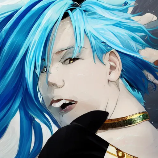 Prompt: side profile of rimuru tempest with sky blue hair, long hair, gold eyes, black jacket with white stripes and a high collar | highly detailed, matte, greek city, professional digital art, concept art, award - winning photography, cinematic, wlop | art by pixiv art, ilya kuvshinov, greg rutkowski, yoshitaka amano