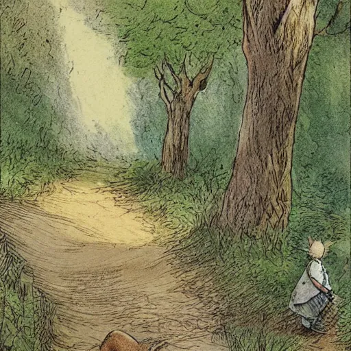 Prompt: A sign nailed to a tree next to the path which reads: The Hopping Trail. This way to adventure! illustration by Beatrix Potter