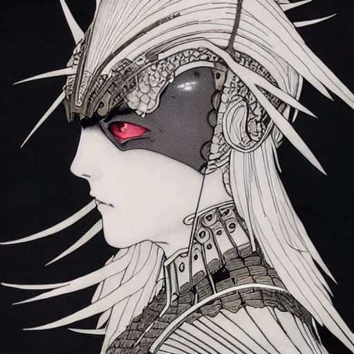 Prompt: prompt : black and white portrait soft light painted by takato yamamoto, enhanced armor, inspired by ghost in shell anime, smooth face feature, intricate oil painting, high detail, sharp high detail, manga and anime 1 9 8 0