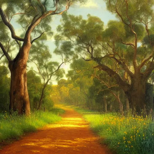 Image similar to a painting of a dirt road surrounded by oak trees and eucalyptus trees and california golden poppies, woodland hill in the distance. an oil painting by Peter Mohrbach and Mark Keathley, featured on deviantart, australian tonalism, pre-raphaelite, impressionism, detailed painting