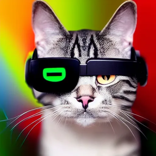 Prompt: a cat wearing a VR headset, trippy colors