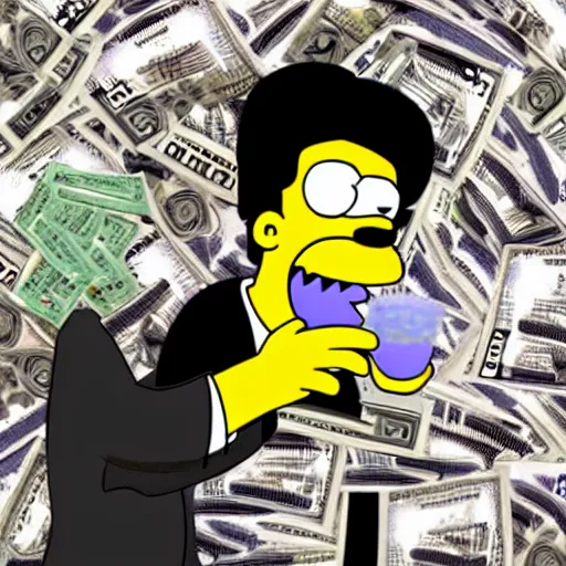 Image similar to homer simpson eating United States money, still, photograph