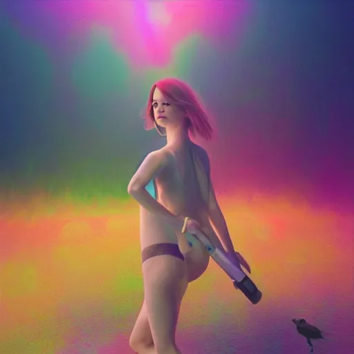 Image similar to Emma Stone with pistol swimming in chromatic distortions in misty mysterious astral temple, beautiful, dmt, trending on artstation, omnious, soft, artwork by Tran, Ross