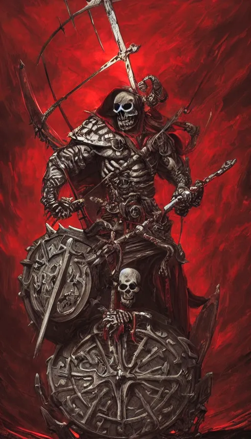 Image similar to concept art of skeleton holding a medieval shield and spear, d & d surrounded by red evil death tentacles, hyper detailed, hyper realistic, dark atmosphere, full body, full frame in the style of frank frazetta