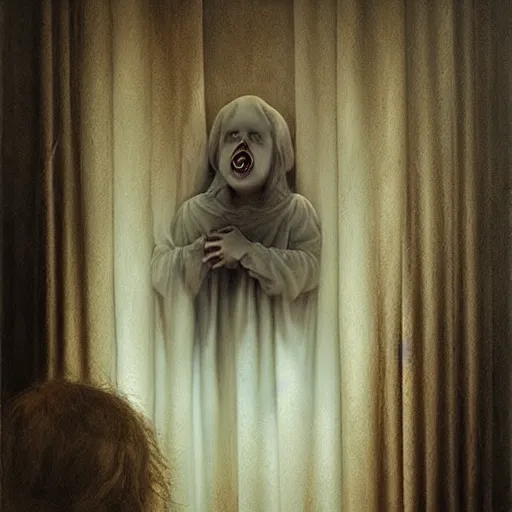 Image similar to Curtain Ghost by Mark Arian, dark, horror, surrealism, horror scene of a child staring outside the window. Screaming for help by Santiago Caruso