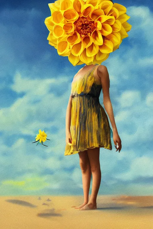 Image similar to closeup girl with huge yellow dahlia flower as a face, on beach, surreal photography, blue sky, sunrise, dramatic light, impressionist painting, digital painting, artstation, simon stalenhag