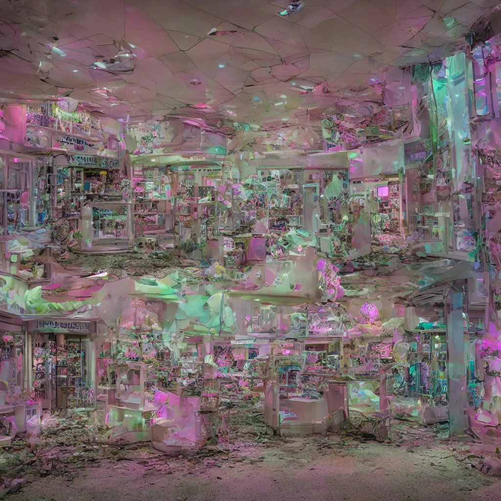 Prompt: futuristic, pastel colors, hd 8 k, digital design, abandoned, overgrown, candy shop in a mall