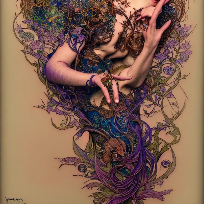 Image similar to psychedelic mushroom tattoo sleeve design, diffuse lighting, fantasy, intricate, elegant, highly detailed, lifelike, photorealistic, digital painting, artstation, illustration, concept art, smooth, sharp focus, art by John Collier and Albert Aublet and Krenz Cushart and Artem Demura and Alphonse Mucha