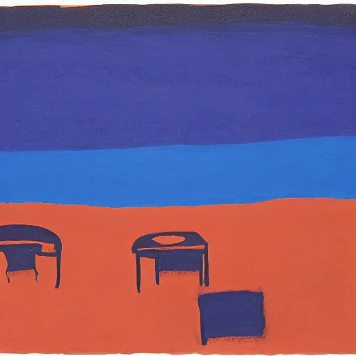 Prompt: fluorescent blue, dark orange by etel adnan daring. the land art shows four people sitting in a diner late at night. the people in the land art look tired & lonely. the land art is set in new york city & shows the city's skyline in the background.