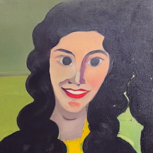 Image similar to a portrait of a young woman from the fifties, seated in front of a landscape background, her black hair is a long curly, she wears a dark green dress, pleated in the front with yellow sleeves, puts her right hand on her left hand, and smiles slightly, oil painting