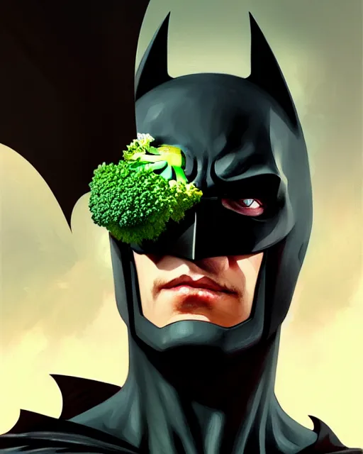 Image similar to Close-up stunning portrait of Batman eating broccoli, digital painting, concept art, highly detailed, digital painting, Trending on Artstation, 8K, by artgerm and greg rutkowski and alphonse mucha