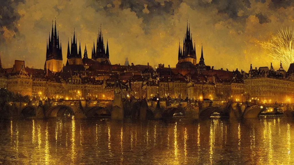 Image similar to a beautiful painting of the view from the river of london or prague during a fireworks festival, at night with a sky full of stars and fireworks, intricate, elegant, highly detailed, digital painting, artstation, concept art, by krenz cushart and artem demura and alphonse mucha