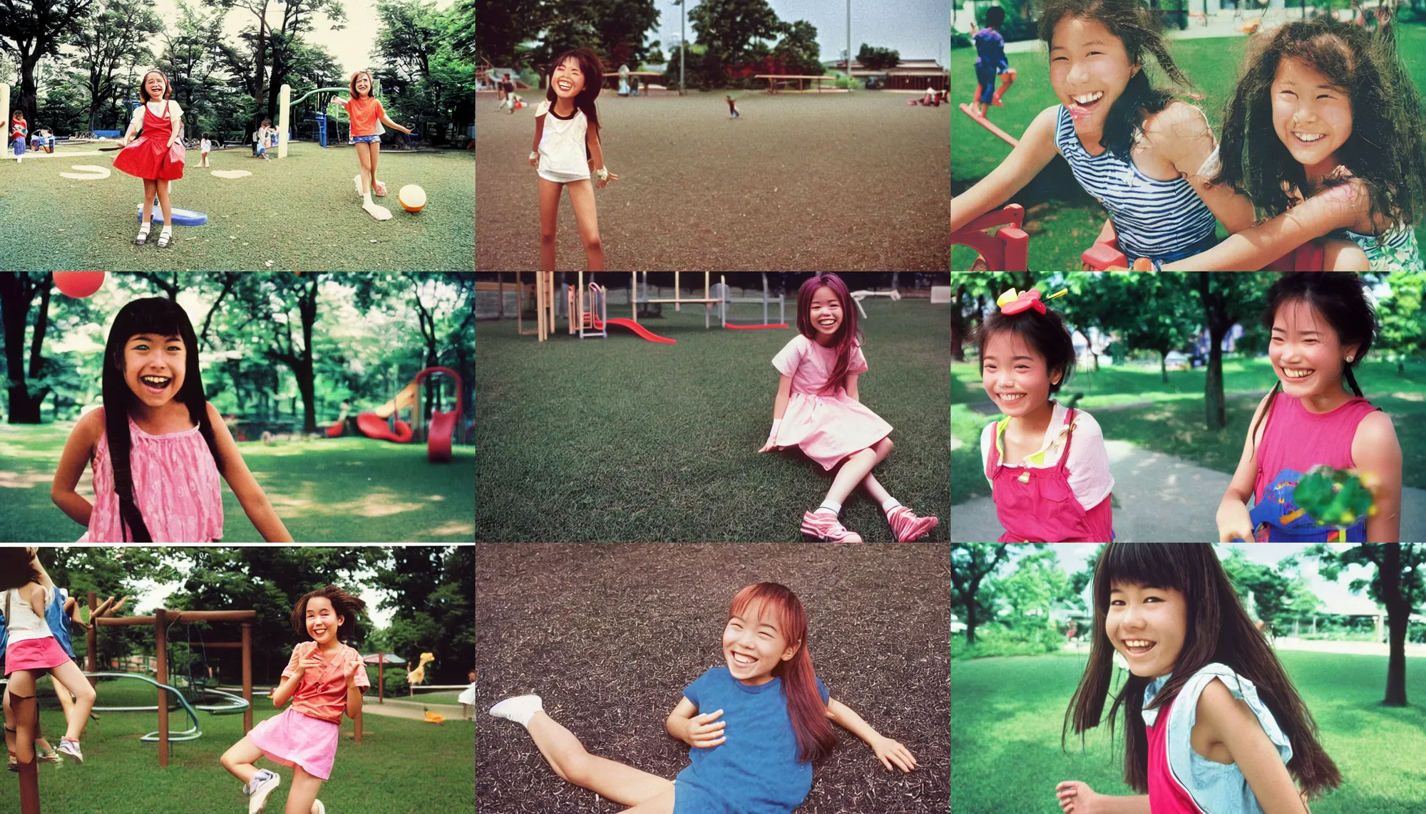 Prompt: A long-shot from front, color outdoor photograph portrait of a happy teen girl playing on the playground, summer, day lighting, 1990 photo from Japanese photograph Magazine.