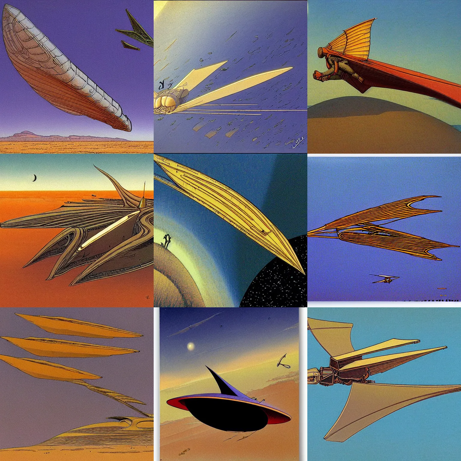 Prompt: ornithopter from dune by jean giraud moebius