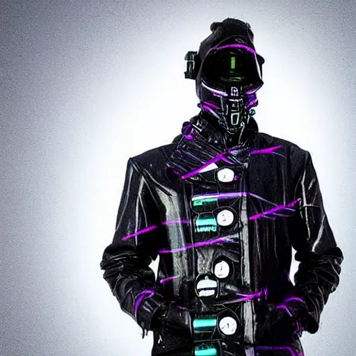 Prompt: mysterious figure wearing a synthwave punk cyber cybernetic trenchcoat. photograph, postapocalyptic, over the shoulder, fashion, vimeo netflix, decorated punk trenchcoat. motocross helmet. gentleman elegant