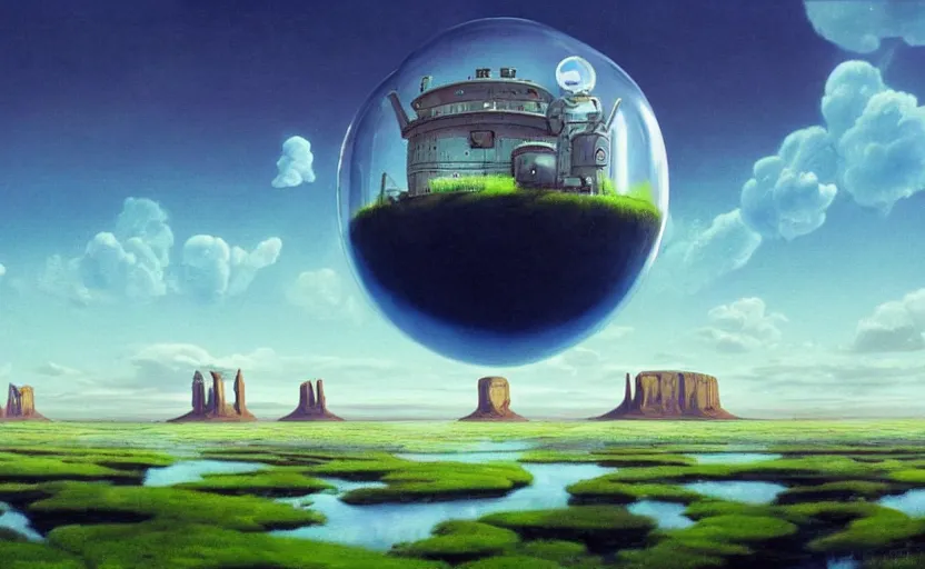 Prompt: a scary hyperrealist painting of a spaceship in a giant transparent bubble from howl's moving castle ( 2 0 0 4 ) in a flooded monument valley stonehenge jungle. depth perception, 4 k, artstation, in the style of studio ghibli