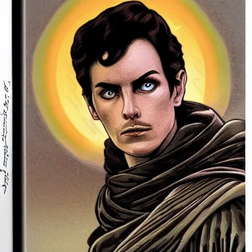 Image similar to paul atreides emperor of the known universe, perfect dramatic and dark portrait, dune