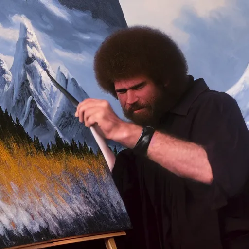 Image similar to a closeup photorealistic photograph of bob ross working on a canvas painting of darth vader. film still. brightly lit scene. mountains and trees. this 4 k hd image is trending on artstation, featured on behance, well - rendered, extra crisp, features intricate detail, epic composition and the style of unreal engine.