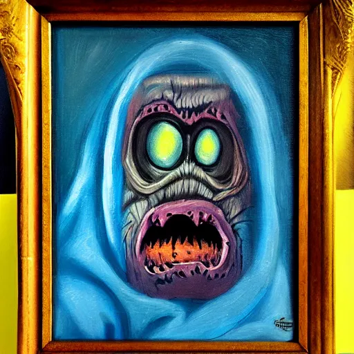 Prompt: small monster in the style of scary stuffs, oil painting, on board, hypercolor