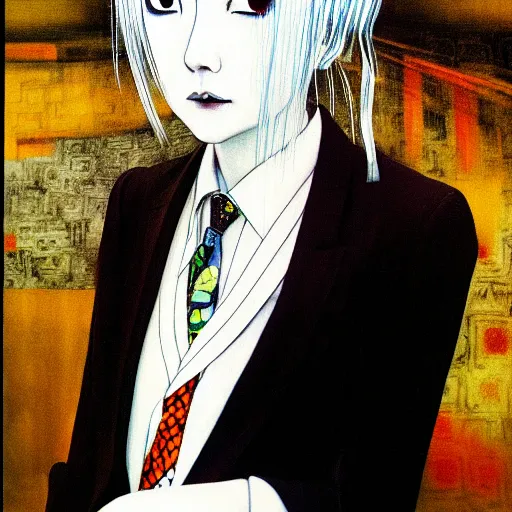 Image similar to yoshitaka amano blurred and dreamy realistic three quarter angle portrait of a woman with white hair and black eyes wearing dress suit with tie, junji ito abstract patterns in the background, satoshi kon anime, noisy film grain effect, highly detailed, renaissance oil painting, weird portrait angle, blurred lost edges