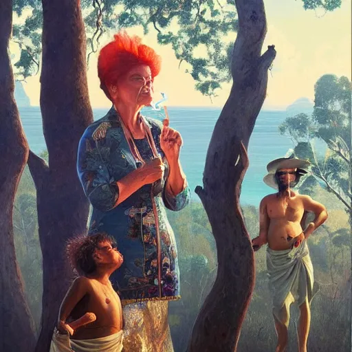 Prompt: pauline hanson smoking a joint on aboriginal land, royal interior, highly detailed painting extremely beautiful and aesthetic and detailed, with familiar sprites, chiaroscuro, intricate, masterpiece, fantasy illustrations by ilya kuvshinov and jeremy lipking and quentin mabille