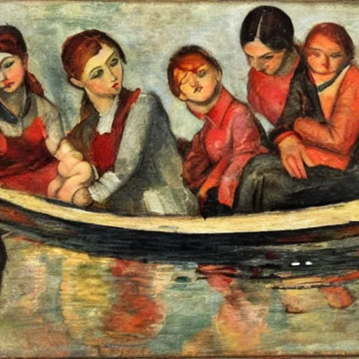 Prompt: rich details red by max weber. the collage of a group of well - dressed women & children enjoying a leisurely boat ride on a calm day. the women are chatting & laughing while the children play with a toy boat in the foreground.