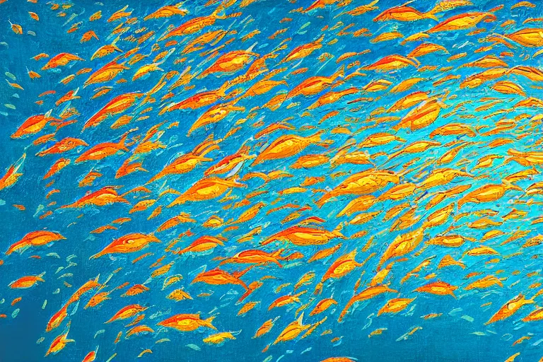 Image similar to portrait of goldfishes swarming the ocean. shadow and light. rays of light. energetic, dynamic, lively, detailed, intricate, complex. fine art by hayao miyazaki, akira toriyama, makoto shinkai, and ohara koson.