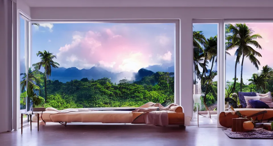 Prompt: big window, mountains in background, cloud forest in background, tropical beach in background, late afternoon sunset, dramatic lighting, holiday vibes, living room, furniture, IKEA catalogue, futuristic, ultra realistic, ultra detailed, cinematic light, anamorphic, wooden floored balcony, by Paul Lehr