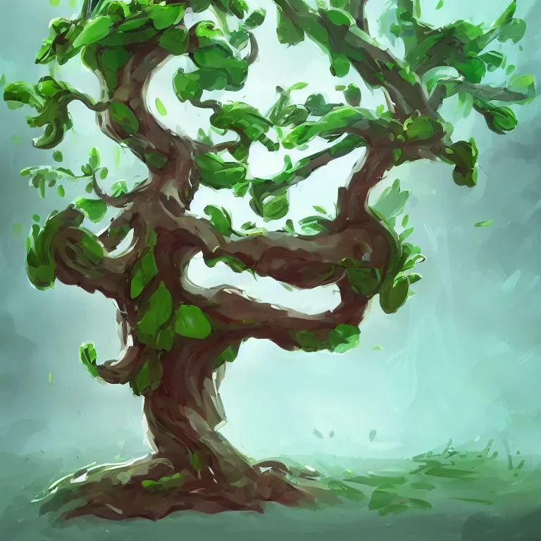 Image similar to cartoon tree with a twisted trunk and green leaves, white background, concept, concept art by senior environment artist, artstation, 2 d game art, concept art, speedpainting